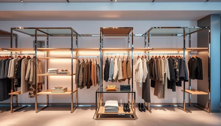 clothing rack with shelves, retail luxury clothing display